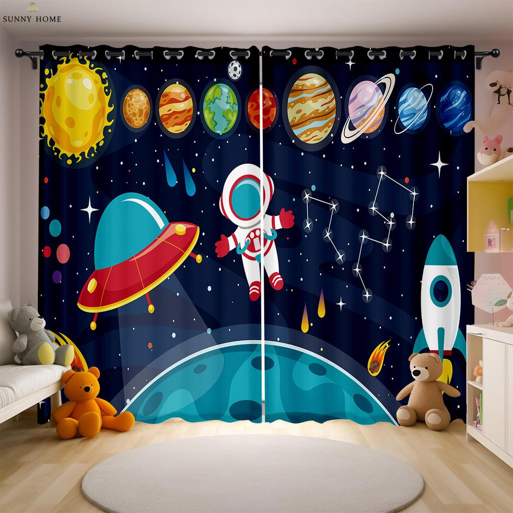 Dreamy Astronaut Cartoon Universe Printed Curtains Children's Room Window Curtains Easy To Wash And Care Home Decoration 2 PCS