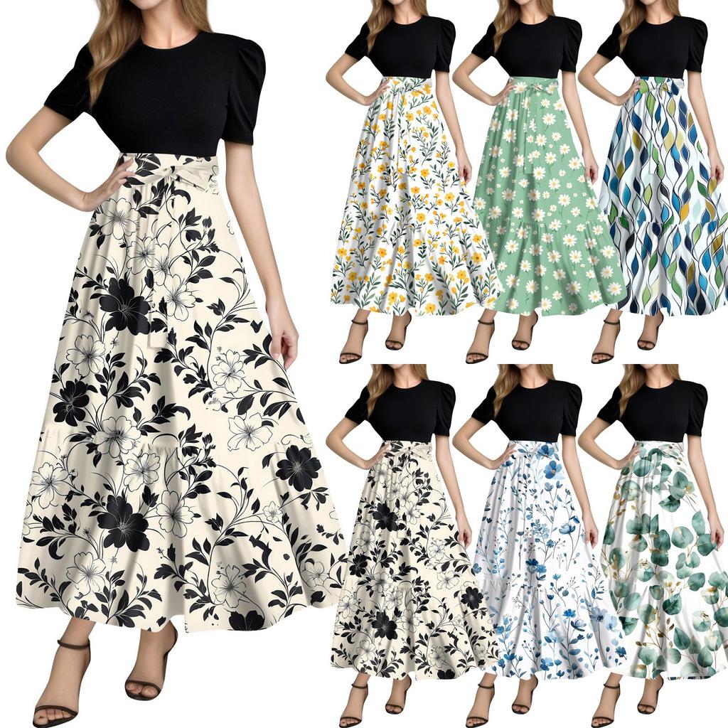 Women's Fashion Casual Belt Short Sleeve Round Neck Print Stitching Elegant Temperament Dress