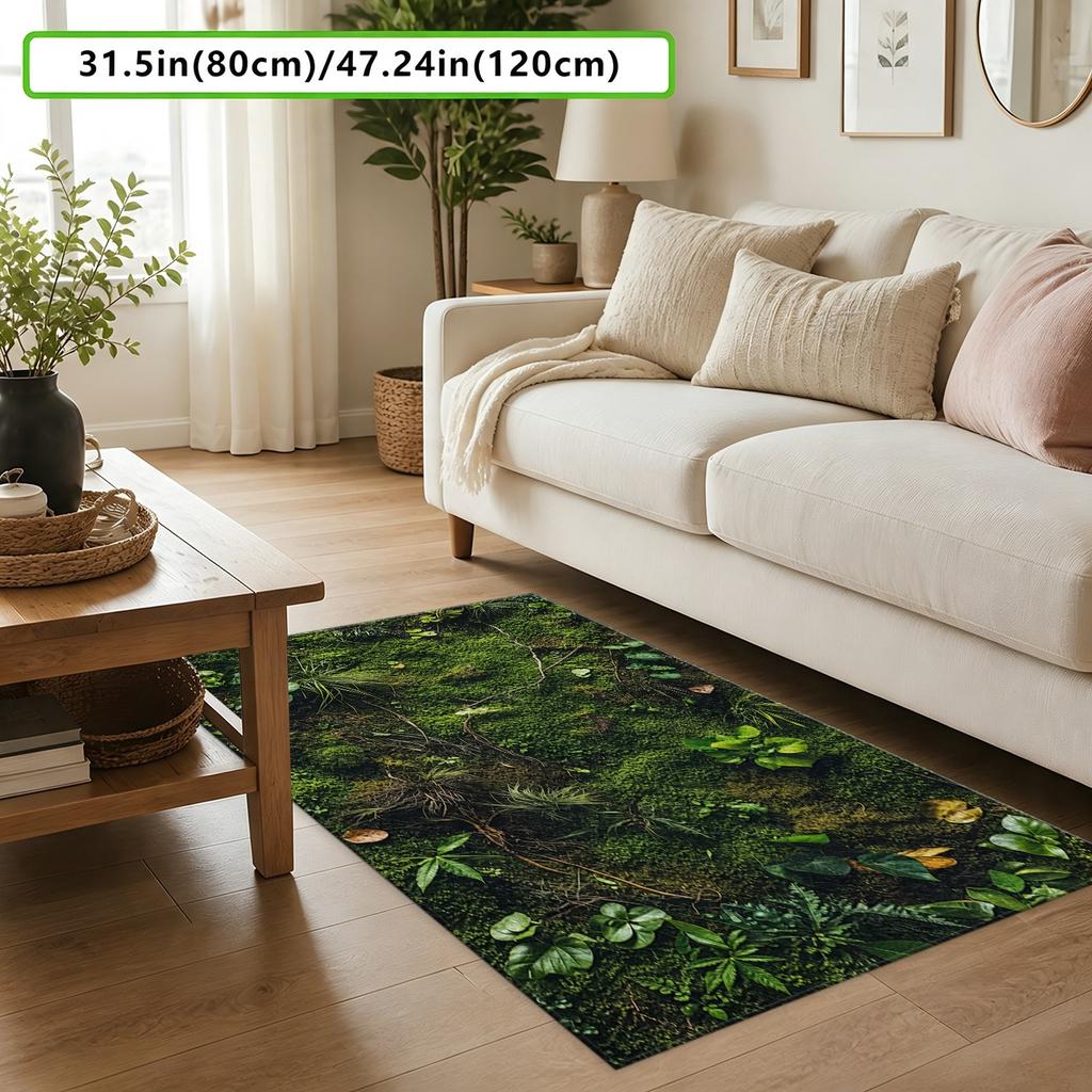 1pc 2D Flat Moss Greenery Printed Area Rug, Hand Washable Non-Slip Decor Mat for Living Room, Bedroom, Entryway & Spa