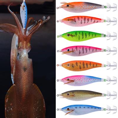 Glowing Horizontal Squid Trolling Lure Artificial Squid Jigging Eging Wood Shrimp Hooks Octopus Bait Cuttlefish Bait 11CM/13.4G