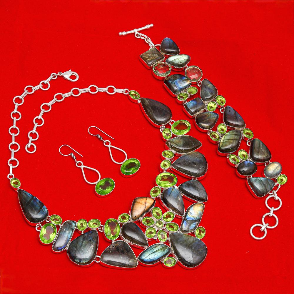 Shiney Labrodorite Peridot Quartz Jewelry Necklace Set 16-18''