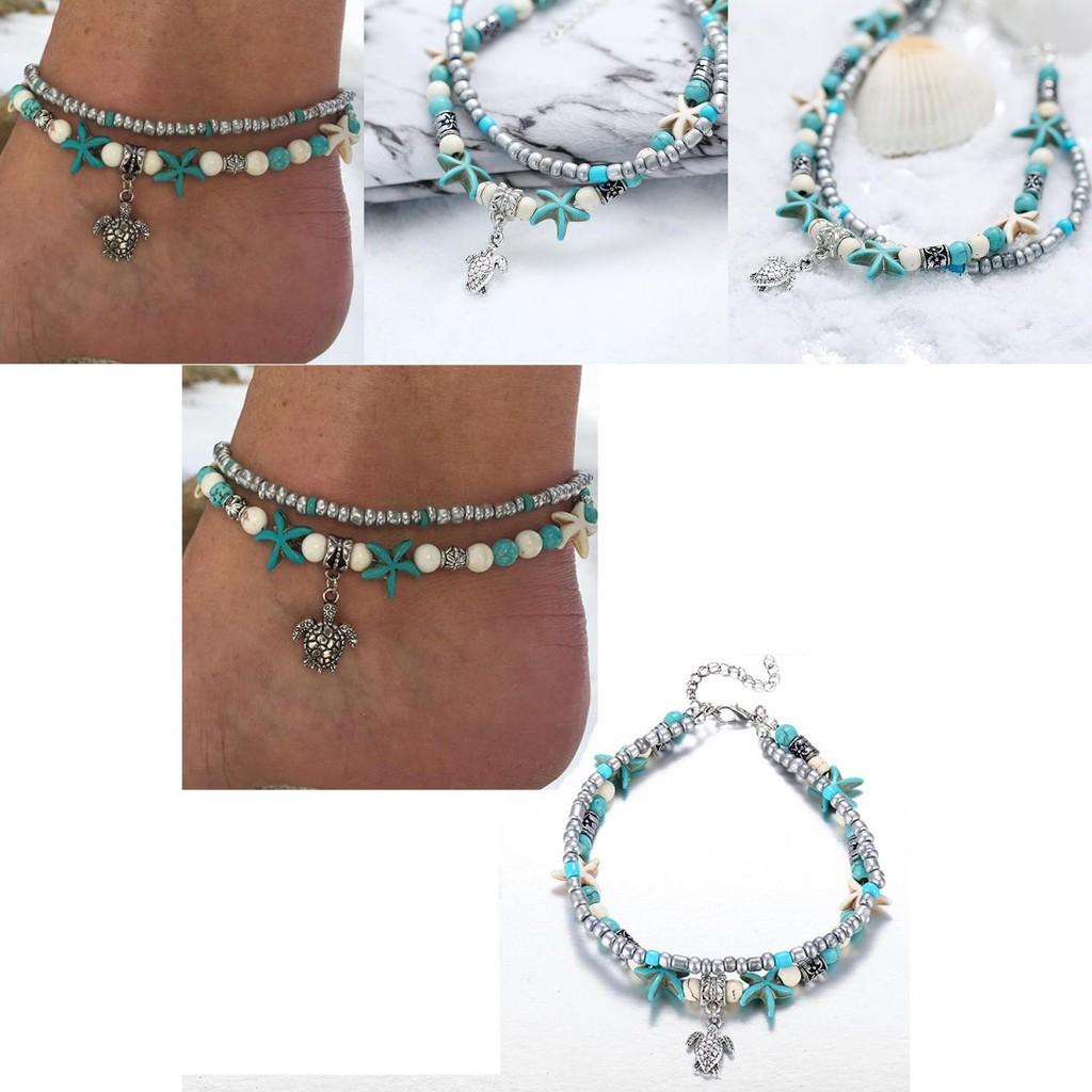 Retro Blue Shell Anklet With Turtle Design For Beach Vacation And Resort