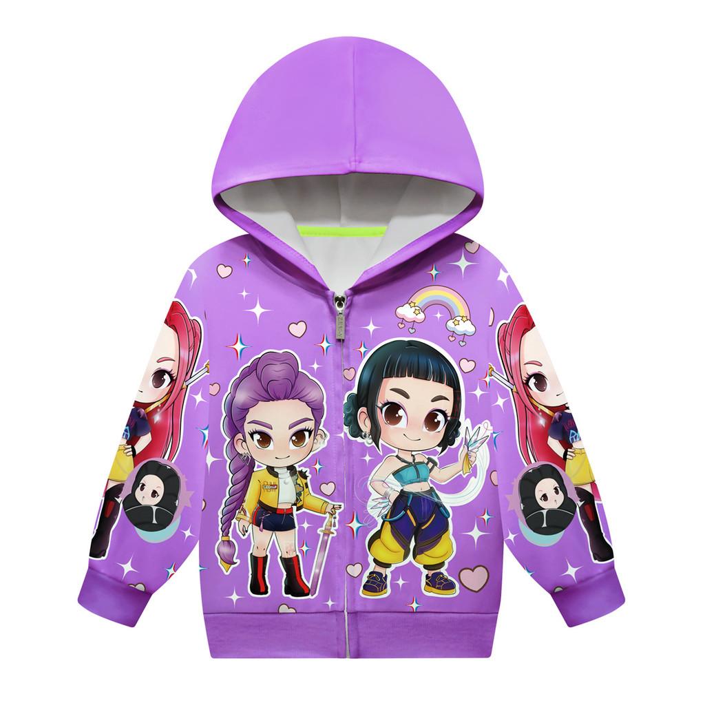 Dětská Dívčí POP Zpěvačka Rumi Zoey Mira Potištěná Neformální Mikina s Kapucí na Zip s Dlouhým Rukávem Bunda Kabát