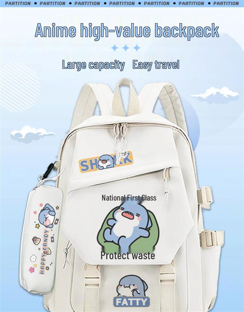 Fatty Shark Backpack: Lightweight, Cute, Large Capacity Schoolbag for Grades 3-6 Boys & Girls