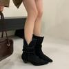2025 Pointed Short Boots Women's Thick Heel Short Tube Thin Boots European and American Style Khaki Matte Suede Stacking Boots