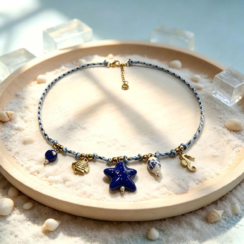 European Luxury Ocean-Themed Starfish Necklace with Woven Rope