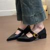 Sheepskin Version~ Retro Metal One-word Buckle Thick Heel Small Single Shoes Women's Shallow Mouth Pointed Temperament Versatile Mary Jane Shoes