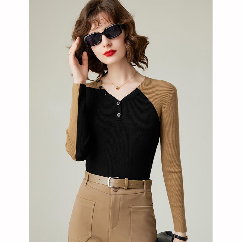 

Women s Autumn Color Block V-Neck Knit Sweater L
