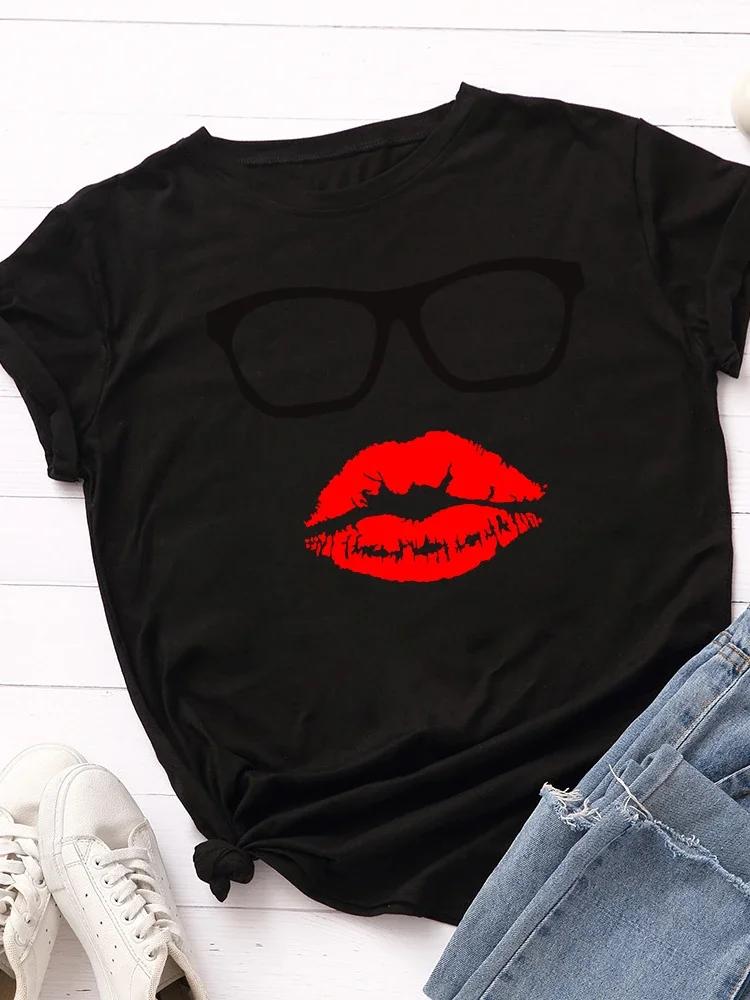 Glasses Red Lip Print Women T Shirt Short Sleeve O Neck Loose Women Tshirt Ladies Tee Shirt Tops Clothes Camisetas Mujer