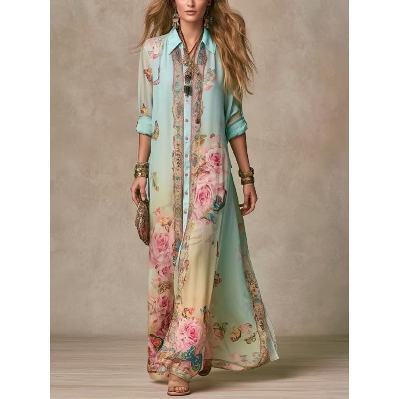 European and American Summer New Women's Clothing Printing Fresh Retro Elegant Long Women's Clothing Dress