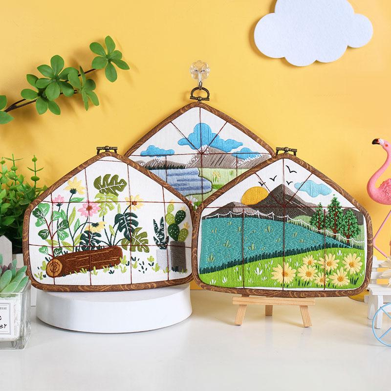 Landscape Embroidery Diy Material Package Handmade Flowers And Plants European Fabric Three-Dimensional Antique Embroidery Stretch Hanging Painting