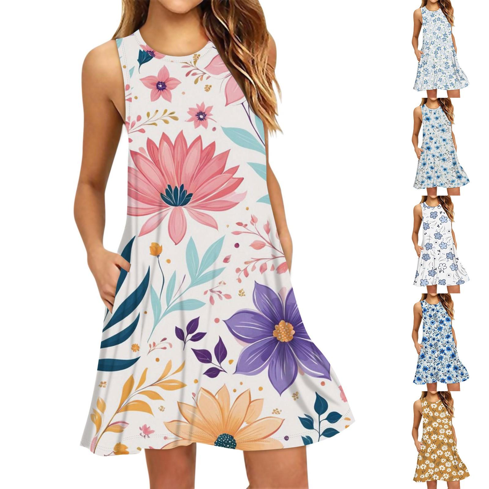

Women s Fashion Beach Dress Sleeveless Round Neck Floral Print Dress XL