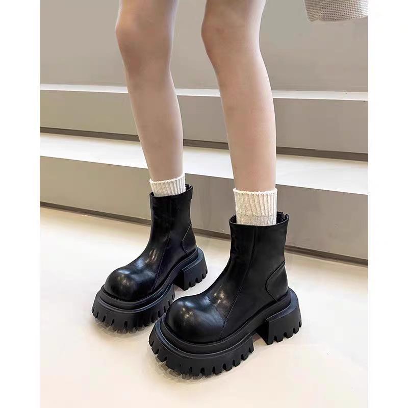 Black thick-soled thick-heeled small skinny boots round-toed Martin British short boots heightening Chelsea boots women's fashion