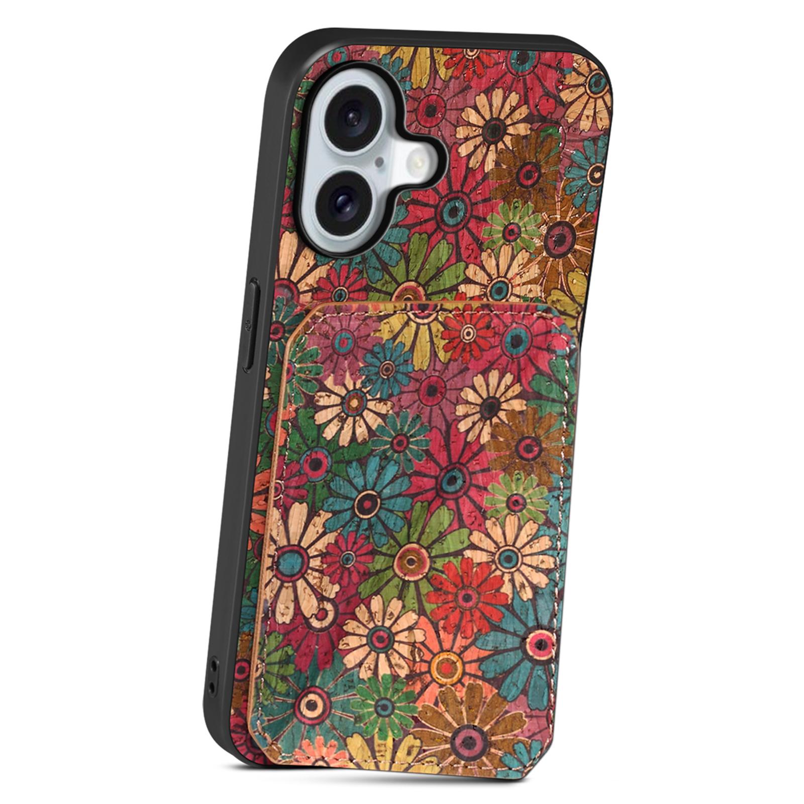 

For iPhone 16 Case with Card Holder Flowers Design Leather Phone Cover Kickstand