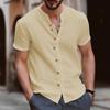 Men's White Linen Blend Henley Neck Shirt Casual Short Sleeve Button Down Top