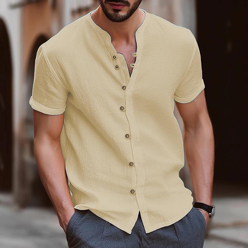 Men's White Linen Blend Henley Neck Shirt Casual Short Sleeve Button Down Top