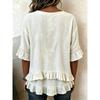 Women Beige V Neck Button Front Ruffle Trim Short Sleeve Casual Tunic Blouse