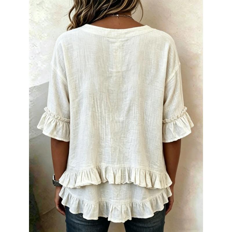 Women Beige V Neck Button Front Ruffle Trim Short Sleeve Casual Tunic Blouse