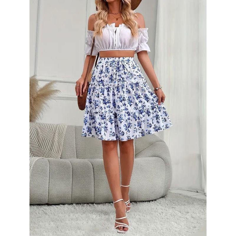 

Bohemia Fashion Fashion Sweet Fresh Floral High Waist Elegant Ruffle Hem Skirt Mid Skirt for Women Blue XL