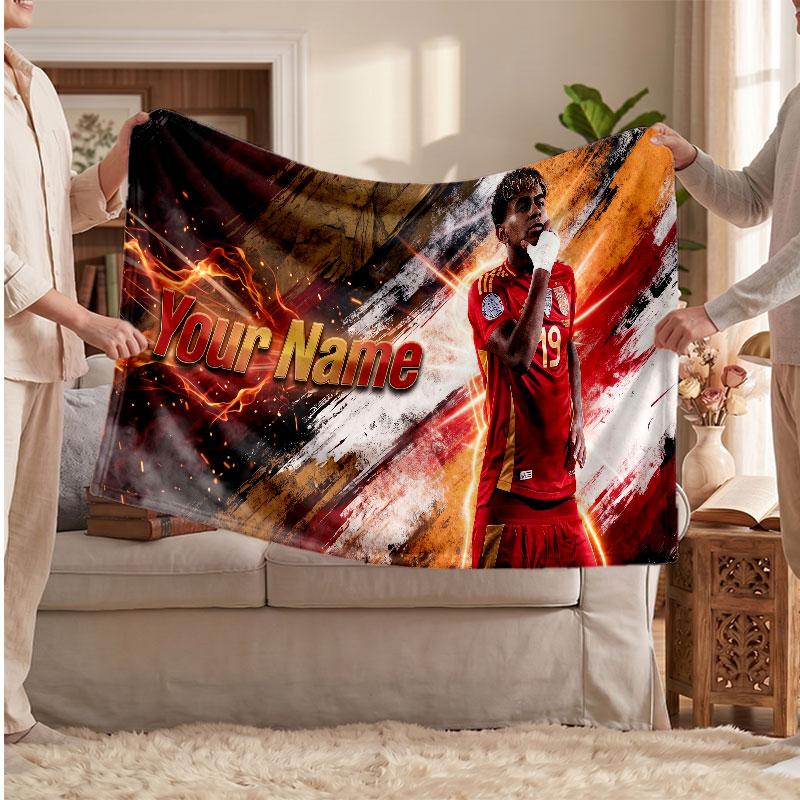 Lamine Yamal Personalized Fleece Blanket With Football Logo, Custom Name Text Soft Warm Home Throw Blanket