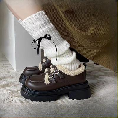 Round-toed British-style Thick-soled Leather Shoes for Women, 2025 New Winter Thick-heeled Korean-style Versatile Fleece Shoes