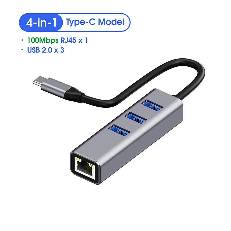 4 in 1 USB C HUB 3 Port USB 3.0 Splitter LAN RJ45 1000Mbps Network Adapter Gigabit Ethernet Hub Extender for PC Mac Windows
