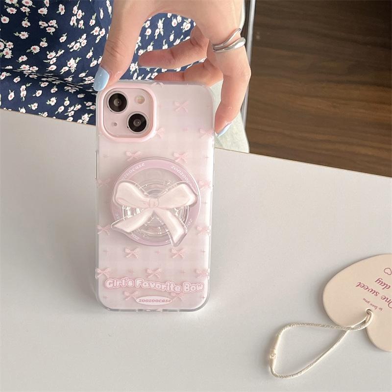 Pink Plaid Bow Magnetic Stand Compatible with iPhone 17 Pro Max Apple 16 Phone Case 15 Girl 14