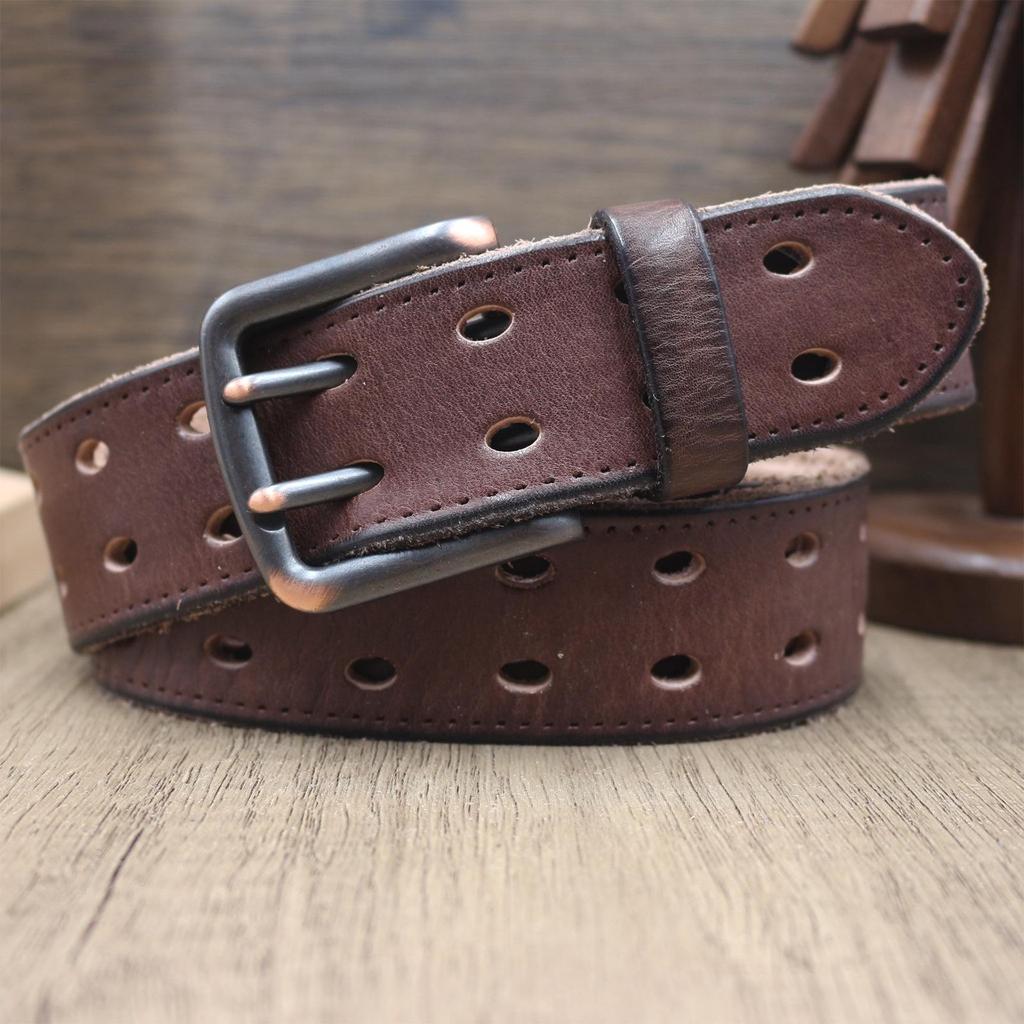 Trendy Personalized Retro Leather Belt with Double Pin Buckle for Men