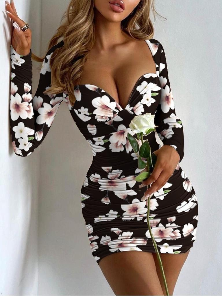 Autumn New Women's Fashion Long Sleeve Crew Neck Sexy Low-Cut Slim Fit Bodycon Printed Dress for Women