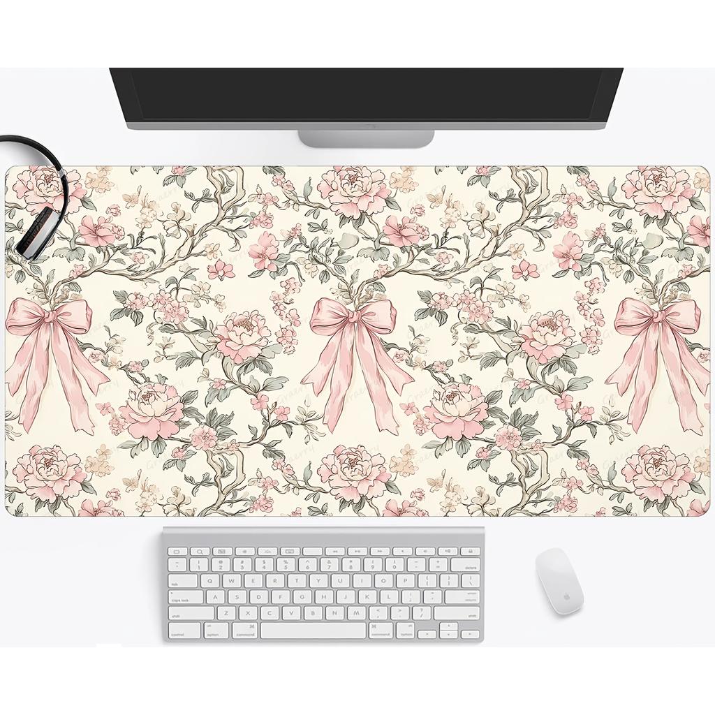 Pc Retro Floral Pink Bow Large Gaming Mouse Pad Smooth Surface Stitched Edges for Keyboard Desk