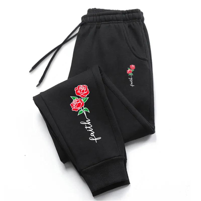 

Beautiful Flowers Printing Long Pants Womens Outdoor Sweatpants Casual Fashion Trousers Sports Fitness Jogging Mens Pants S чорний