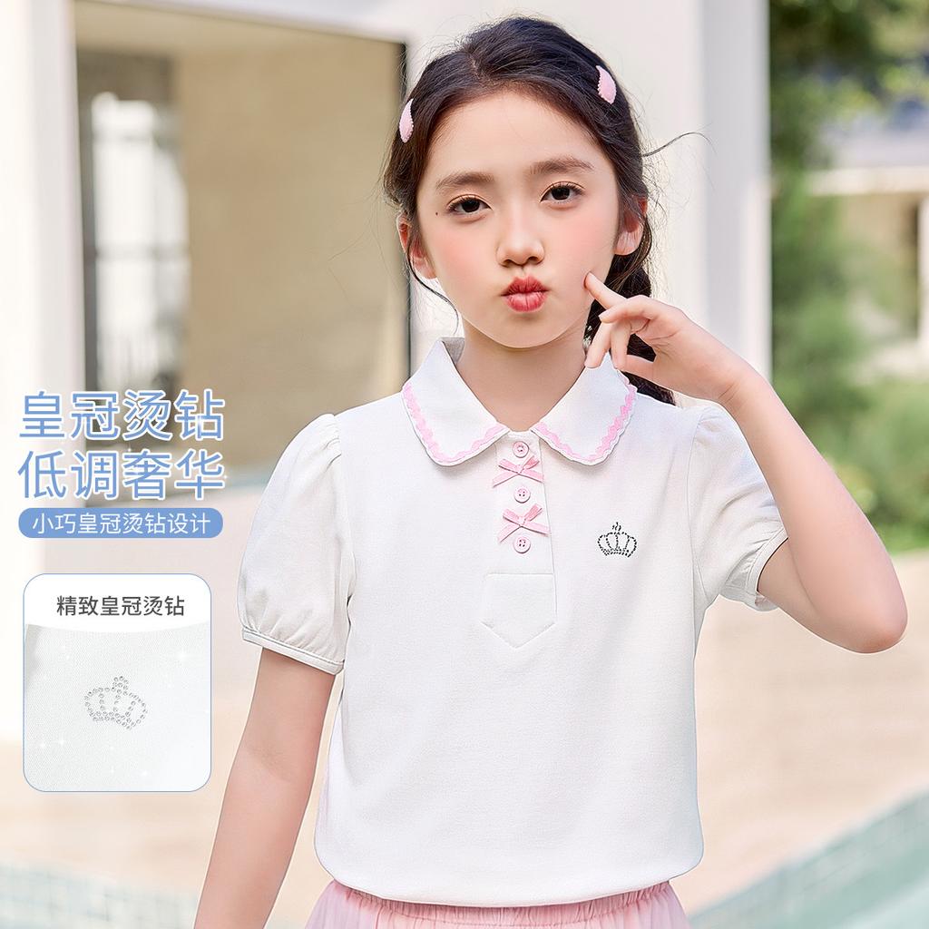 Girls' Summer Lapel College Style Polo Shirt Top, Breathable Mid Size Children's Bubble Sleeves, Children's Short Sleeved T-shirt