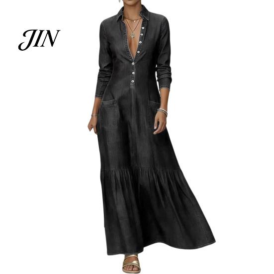 Mid-length Dress Women Button Down Maxi Denim Dress, Long Sleeve Lapel V Casual Loose Neck Flowy A-line Jean with Pockets Summer