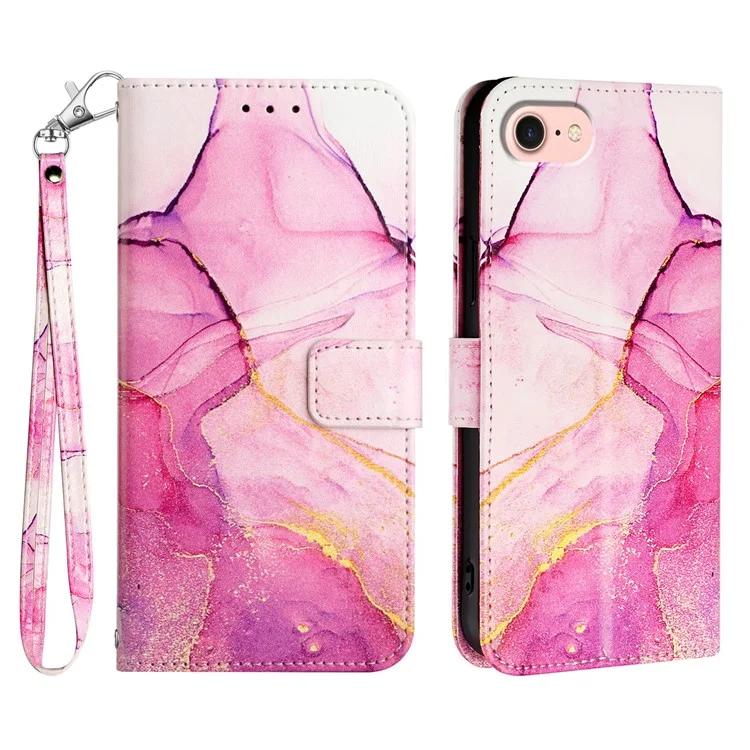 

YB Pattern Printing Leather Series-5 For iPhone SE (2024) Wallet Case Leather Phone Cover with Strap - Pink+Purple+Gold LS001