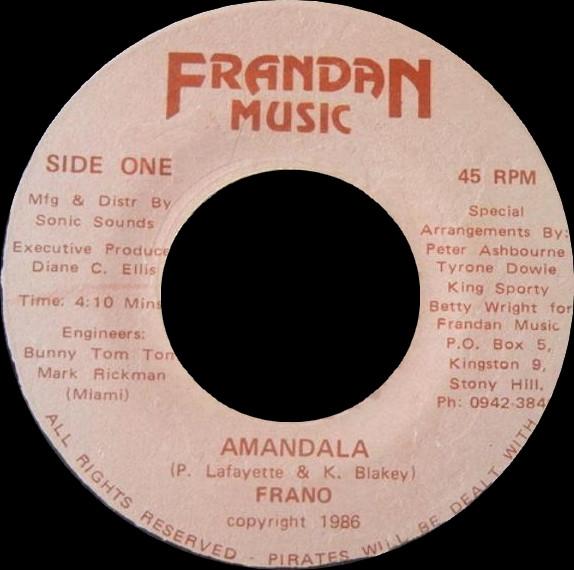 

7inch Record FRANO Amandala NONE Frandan Music 1986 Jamaica Reggae Ska Dub Used