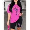 Women's Fashion Round Neck Purple Butterfly Print Casual Short Sleeve Shorts Set