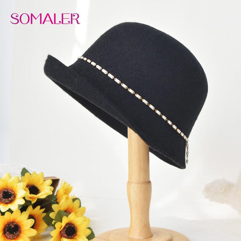 SOMALER Winter Elegant Banquet Fedora Hat Wool Felt Fedoras with Fashion Decoration Women's Autumn Cloche Hats Wool Bucket Caps