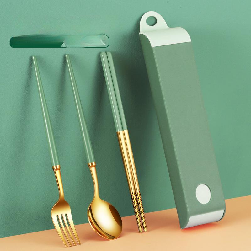 Stainless Steel Tableware Set Spoon Outdoor Chopsticks Three-piece Set Student Portable Tableware Set