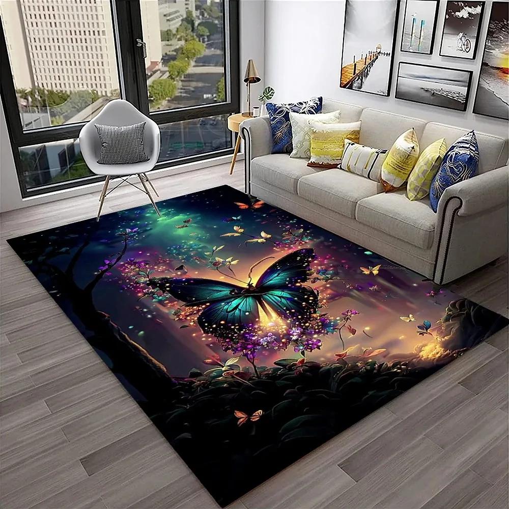 3D Luxury Dream Butterfly Flower Carpet Non-slip Floor Mat for Home Living Room Bedroom Sofa Washable Kid Play Area Decor Rug