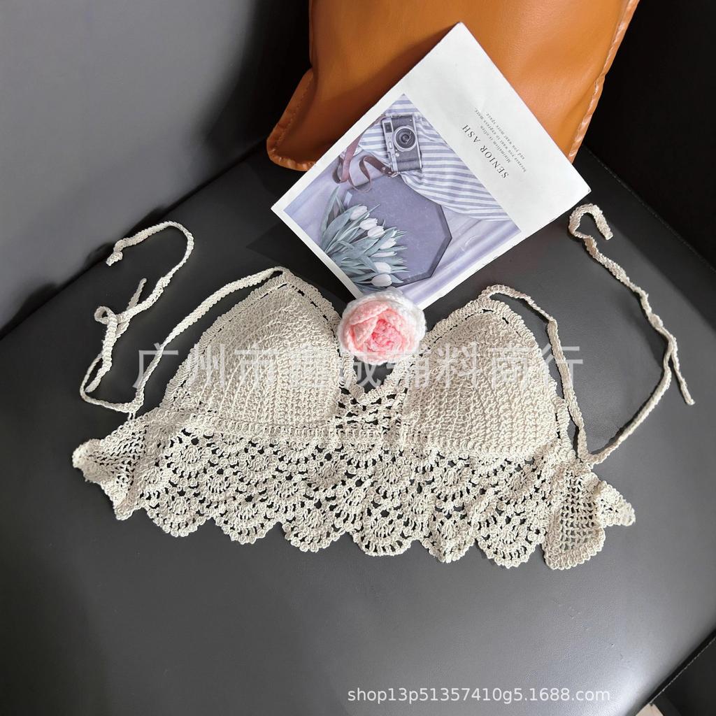 Neck small vest with chest pad, sling inside, shoulder-spilled backrest, hollow tube top, embroidered vest, women's summer short top