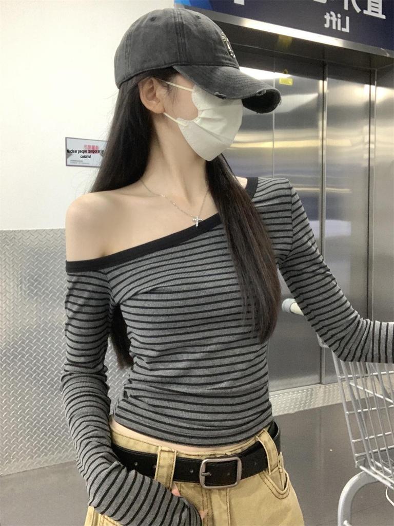 Stylish Slim-Fit Striped Off-the-Shoulder T-Shirt for Women – Spicy Autumn Vibe