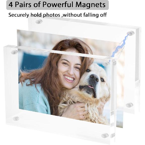 Acrylic Picture Frame 4x6, Double Sided Photo Frames for Refrigerator with Magnetic Corners, Transparent Acrylic Frame for Desk or Tabletop Display