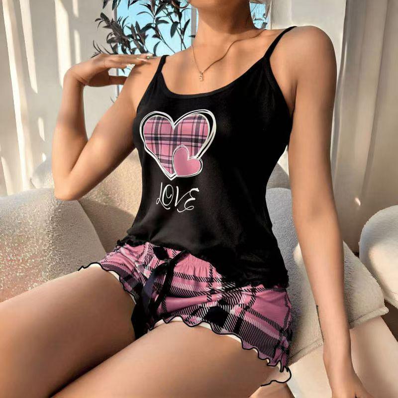 European & American Style Milk Silk Print Camisole & Shorts Pajama Set