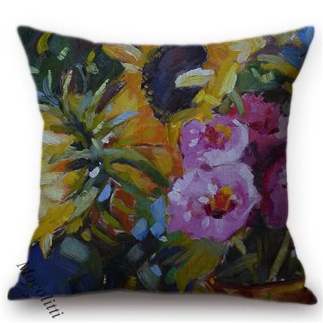 Multicolor Flowers Oil Painting Style Cotton Linen Pillow Case Rose Sunflower Violet Vase Sofa Decoration Cushion Cover Cojines