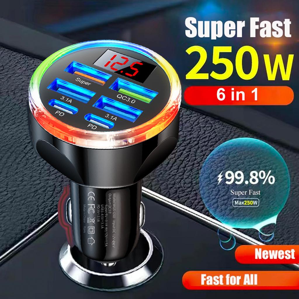 UYUXIO 6 in 1 USB C Car Charger with Voltage Display Multi Port Fast Charge Adapter with Volt Meter for iPhone 17 16 Samsung