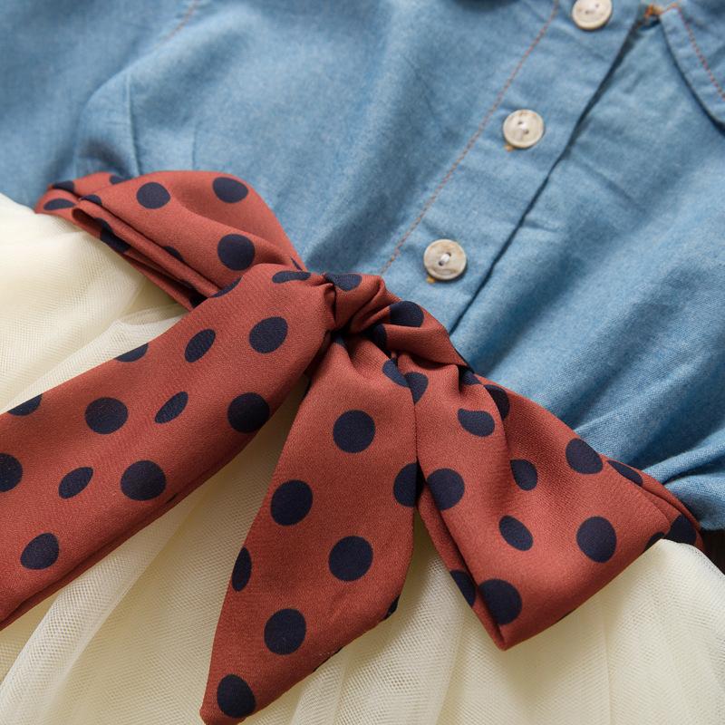 Spring Long Sleeved Dress Girl Denim Blue Dress Tutu Dress Kids Send Bow