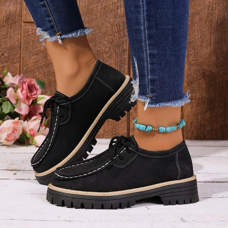 Women's Autumn Lace-Up British Style Loafers, Retro Thick-Soled Platform Footwear, Available In Large Sizes.