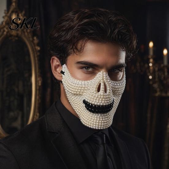 Unique Gothic Party Mask Halloween Skull Half Face Mask, Rhinestone Punk Knight Masquerade Prop Creative Costume with Adjustable Straps, Lightweight