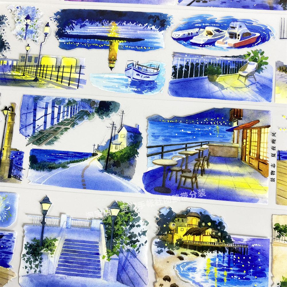 Washi Pet Tape A700 Summer Night Evening Scenery By The Sea Street View Antique Scrapbook Collage Diy Cards Sticker