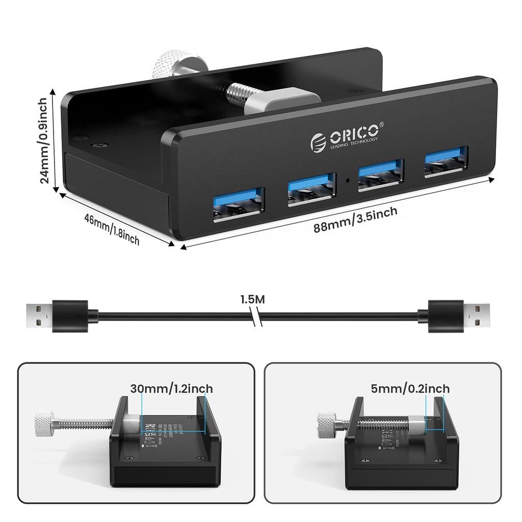 ORICO USB 4 5Gbps High with Power Supply Bus Aluminum Can Be Attached To the Edge of a Comes with a USB Extension 3.0 Hub, Ports, Clip-on, Speed,